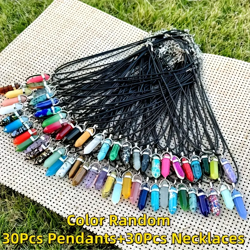 60 pieces/30 sets, assorted colors hexagonal artificial crystal pendant set, includes black leather necklace cord, DIY jewelry making materials, soccer-themed party gifts, sports event fan gifts, Halloween and Christmas giveaways