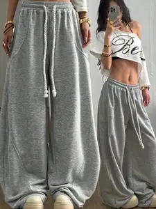 Women's Fall/winter Streetwear Scimitar Pants, Bottom, Oversized Elastic Waistband for Comfort, Casual Loose-Fitting Style, Everyday, Womenswear