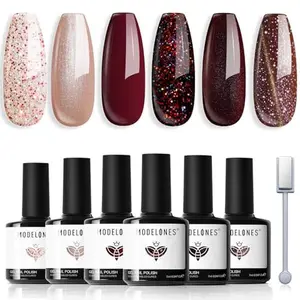 Modelones Gel Nail Set 6 pcs - Glitter Gel with Magnet - Non-Toxic, Cruelty-Free, 28 Days No Peel-Off Application