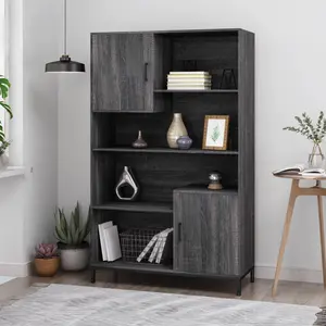 CUBE UNIT BOOKCASE Bookshelf, 64.5-inch high bookshelf with 2 storage cabinets, 4-storey bookshelf with storage space, cube unit bookshelf, bookshelf with door opening, living room indoor office bookshelf (dark gray)