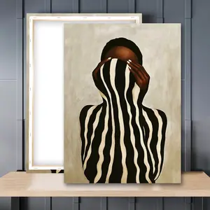 1pc Wooden Framed, Neutral Hanging Wall Art Canvas Painting, Afrocentric Abstract Black Woman Print Poster, Black & White Stripes Girl Art Poster Print Wall Pictures, Ideal For Bathroom, Bedroom, Office, Living Room, Wall, Room, Home Decoration