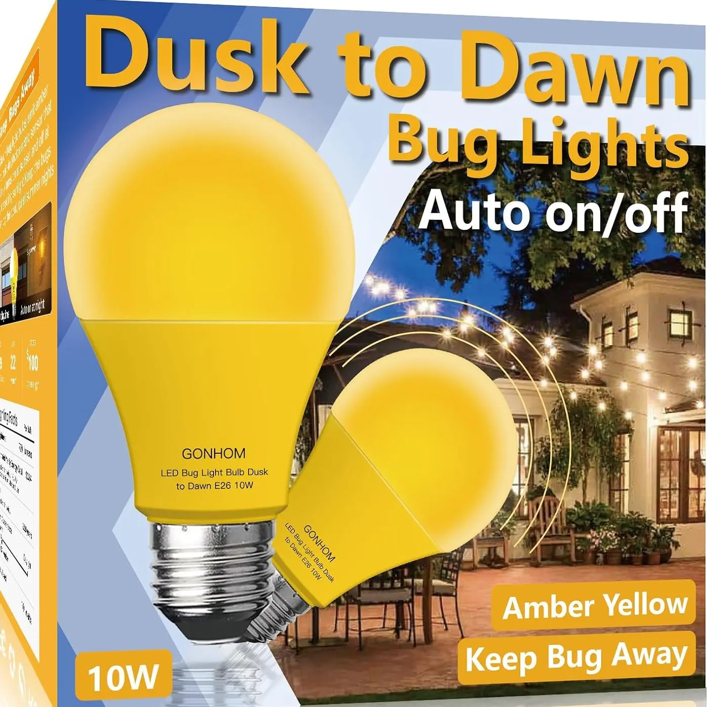 Amber Yellow 10W LED Bug Light Bulb - 110v-120v Auto Sensor Dusk-to-Dawn Screw-In Outdoor Lighting Accessory for Porch, Courtyards