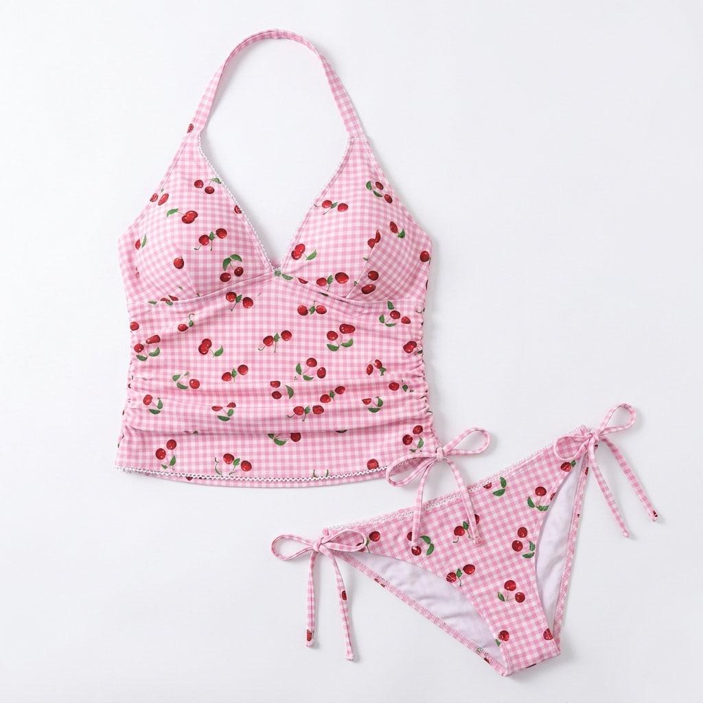 Women's Plus Size Tankini Swimsuits Cherry Print Two Piece Bathing Suits Tummy Control Retro Gingham Swimwear