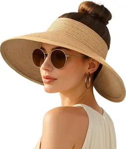 Women’s Straw Sun Visor Hat Wide Brim Foldable Beach Floppy Hat for Ponytail
