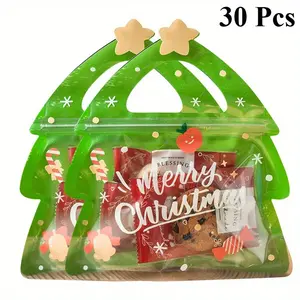 30 Christmas Party Gift Bags, Transparent Handle Seal Pouches, Festive Designs (snowflakes, Trees, Stars), Durable Plastic Candy Bags