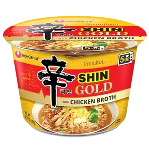 Gourmet Instant Chicken Shin Ramen Noodles - Shin Gold, Ambient Premium Microwavable Noodle Soup Bowl with Chicken Broth, Fish, Onion, Eggs, Ginger, Canola Oil, Natural Salt, Pumpkin, 3.56 oz (Pack of 6), Pantry Food
