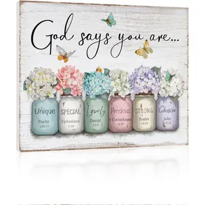 Inspirational Bible Verse Wall Decal: God Says You Are Wall Decal Quote Flowers in Mason Jar Picture Print Christian Gift Quote Poster for Women Girls Bedroom Decor