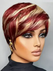 Pixie Cut Wig Burgundy Color, Short Straight Human Hair Wigs for Women, Daily Party Cosplay Use, Machine Made 150% Density, Highlight Bob Wig