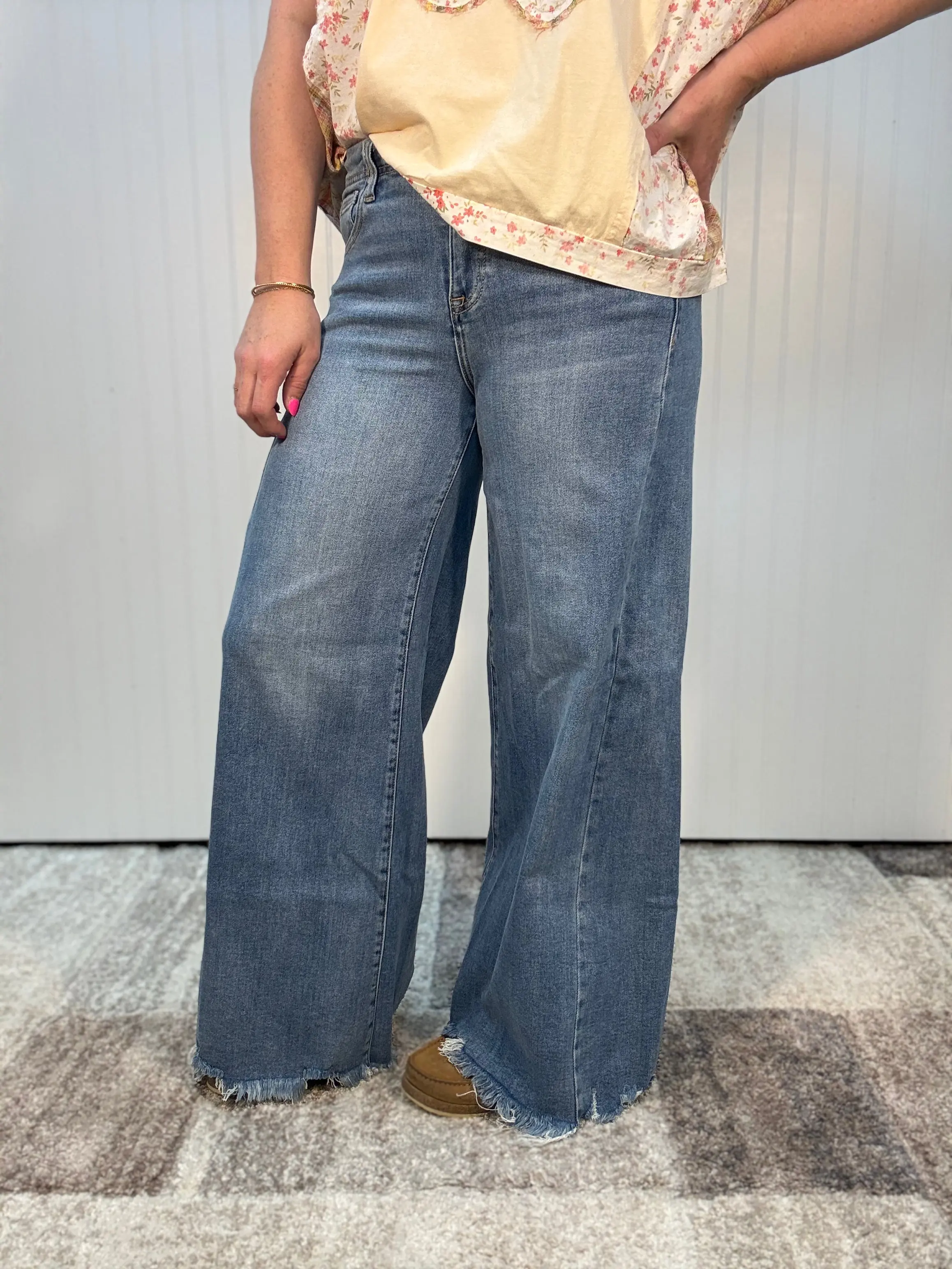 Medium Wash High Rise Ankle Wide Jeans by Risen