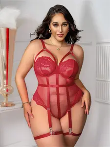 Christmas Red Lace Spliced Mesh Hollow Out Plus Size Sexy Lingerie Bodysuit, Sheer See-through 4-Piece Set with Underwired Cup, Leg Rings and Waist Belt, Perfect for Private Parties and Valentine's Day Gifts plus size clothes