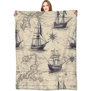 Vintage Nautical Map Blanket Ships and World Maps Throw Blankets,Birthday Gifts for Kids Adult & History Lovers,Lightweight Soft Fleece Cozy for Sofa Couch Bed Room Classic Decor 50x60in