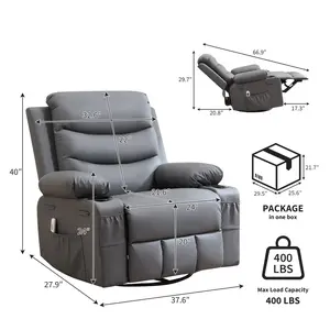 Leather Recliner Chair Nursery, Oversized Manual Reclining Rocking Chair,360 Swivel Glider with Cup Holder,Massage and Heat Recliner,Small Sofa Chairs for Adults,Living Room, RV,Bedroom,Gray Adjustable Backrest Loungers