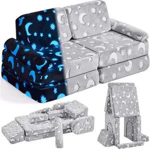 Modular Play Couch Convertible Floor Cushion for Boys Girls Glow in The Dark  Design Blue Fluorescence for Imaginative Play and Relaxation