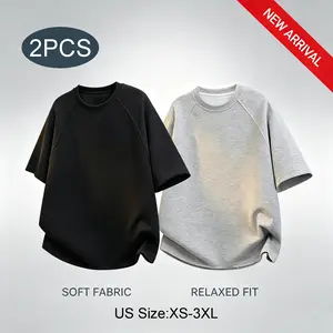 Men 2PCS Vintage Streetwear Solid Crew Neck T-Shirt, Thick Fabric Loose Casual Tops