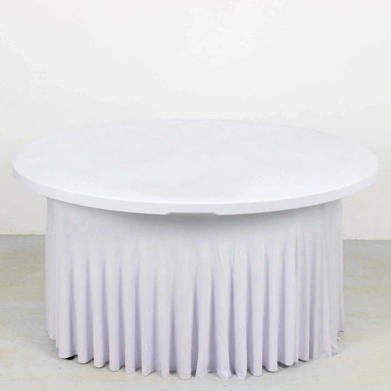 5ft White Stretch Spandex Circular Tablecloth - Classy Ruffled Cover Skirt for Outdoor Furniture Tables, Spandex Table Covers for Wedding, Birthday Decoration Party Supplies, Christmas