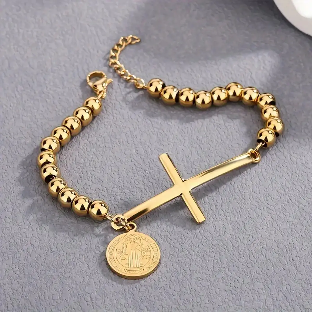 Stainless Steel Round Beads Men's and Women's Bracelet Retro Simple Cross Tag Bracelet