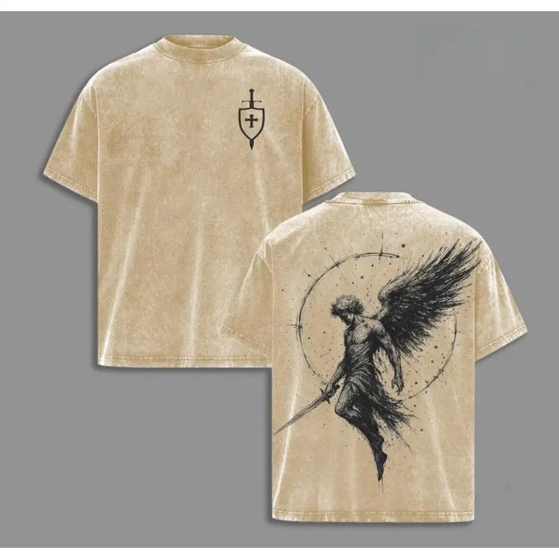 Sanctus Michael Archangelus x Flaming Sword x Shield x Scales of Justice Archangel Michael T-Shirt Washed Church Outfit Gym Pump Cover ,Christian Religious , Jesus Apparel Unisex 100% Cotton T-shirt