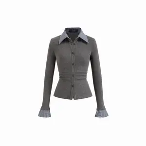 Cider Cotton Plaid Polo Collar Ruched Two Tone Top Dealsforyou