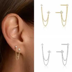 Dainty Chain Stud Earrings, Brass Star & Heart Drop Earrings for Multiple Piercings, Mix and Match Ear Jewelry for Women Girls gold