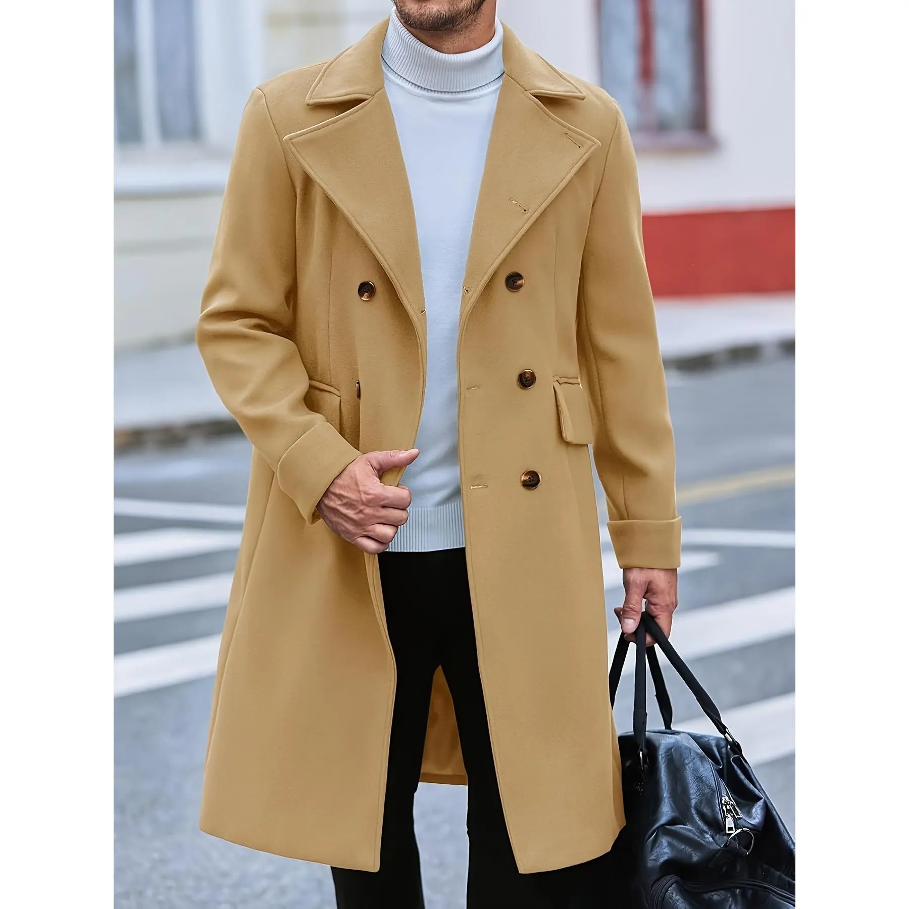Men's Double-Breasted Notch Lapel Pea Coat, Casual Solid Plain Fabric Button-Front Fall Winter Jacket, Regular Fit Slight Stretch 80% Polyester 20% Cotton Menswear Top, Dry Clean Only