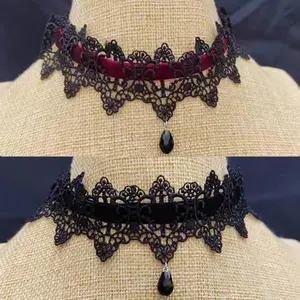 Vintage Black Red Choker Gothic Lace Bow Choker Necklace Women Collar Short Chain Necklace Halloween Fashion Decor Jewelry Gift