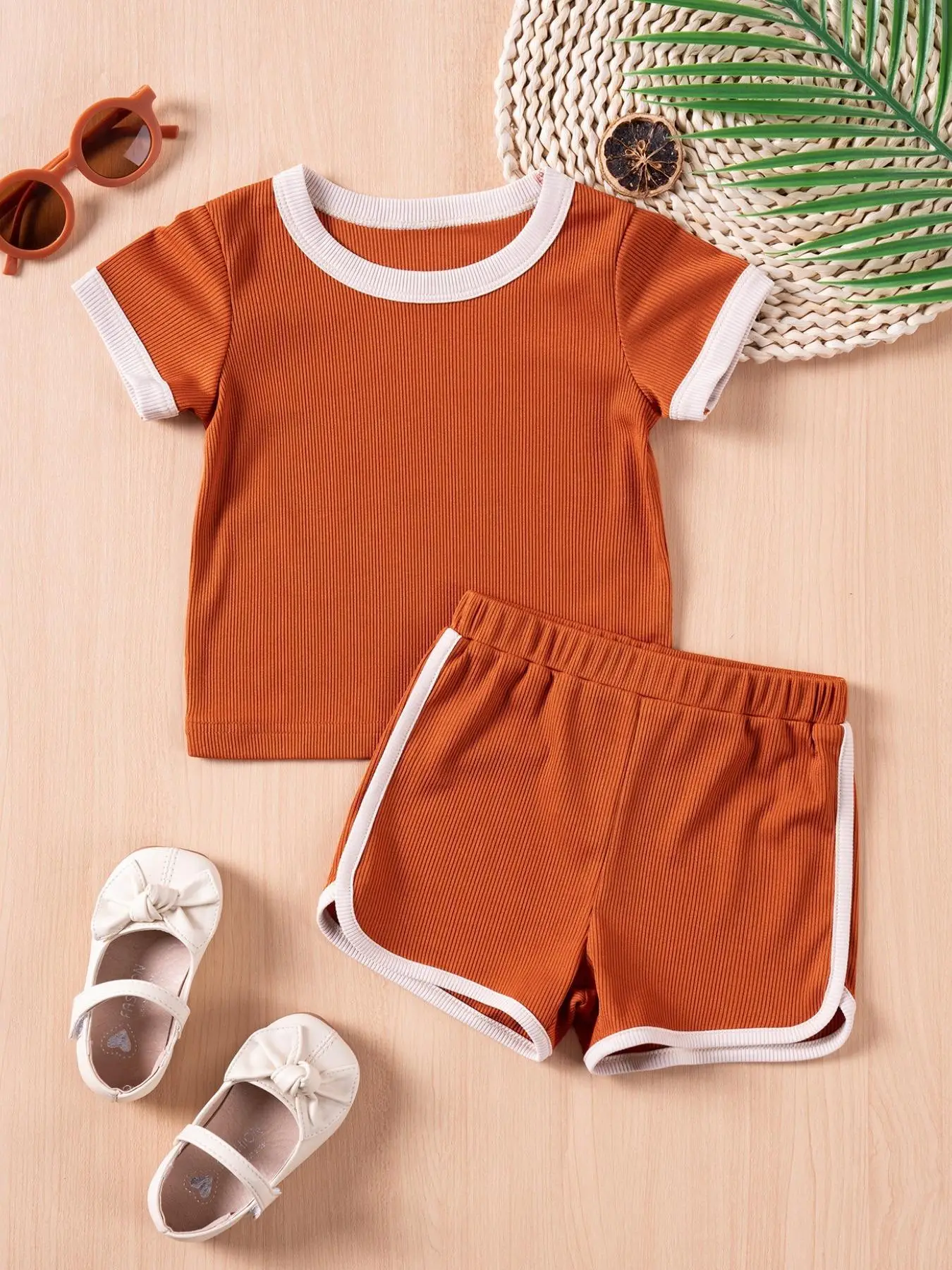 Two-Piece Set Toddler Girl's Solid Ribbed Tee & Shorts Set, Casual Short Sleeve T-shirt & Shorts, Summer Clothes for Kids