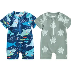 Babamoon Kids Baby Boys Summer Rash Guard Swimsuit Shark/Turtle Printed Short Sleeve Zipper Jumpsuit Swimwear Beachwear 0-5 Years