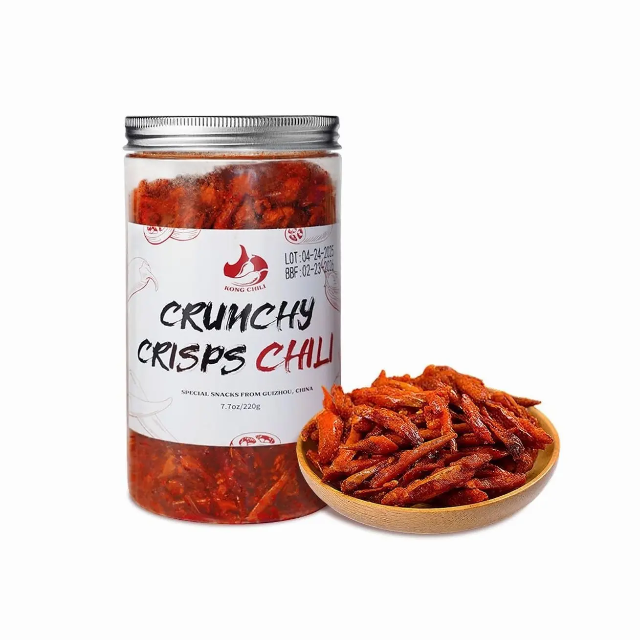KONGCHILI Chinese Spicy Crispy Chili Snack with Sesame Seeds,Crispy Fried Spicy Chips, No MSG, Zero Sugar,Halal Certified Vegan Snack,Ready To Eat, 7.7oz,220g,Gourmet Crunchy Chili Crisp for Gifting & Parties