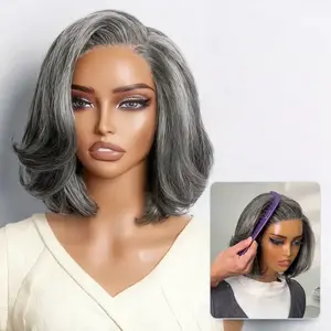 【Live】Salt & Pepper 100% Human Hair Layered Bob Wig Glueless Minimalist Lace Grey Wig Pre-Cut Lace
