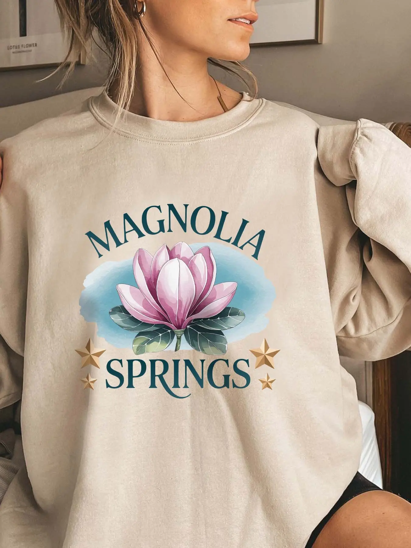 Mulan Spring Floral Star Geometric Letter Print Fleece Round Neck Sweatshirt, Fall Winter New Vintage Casual Holiday Pullover