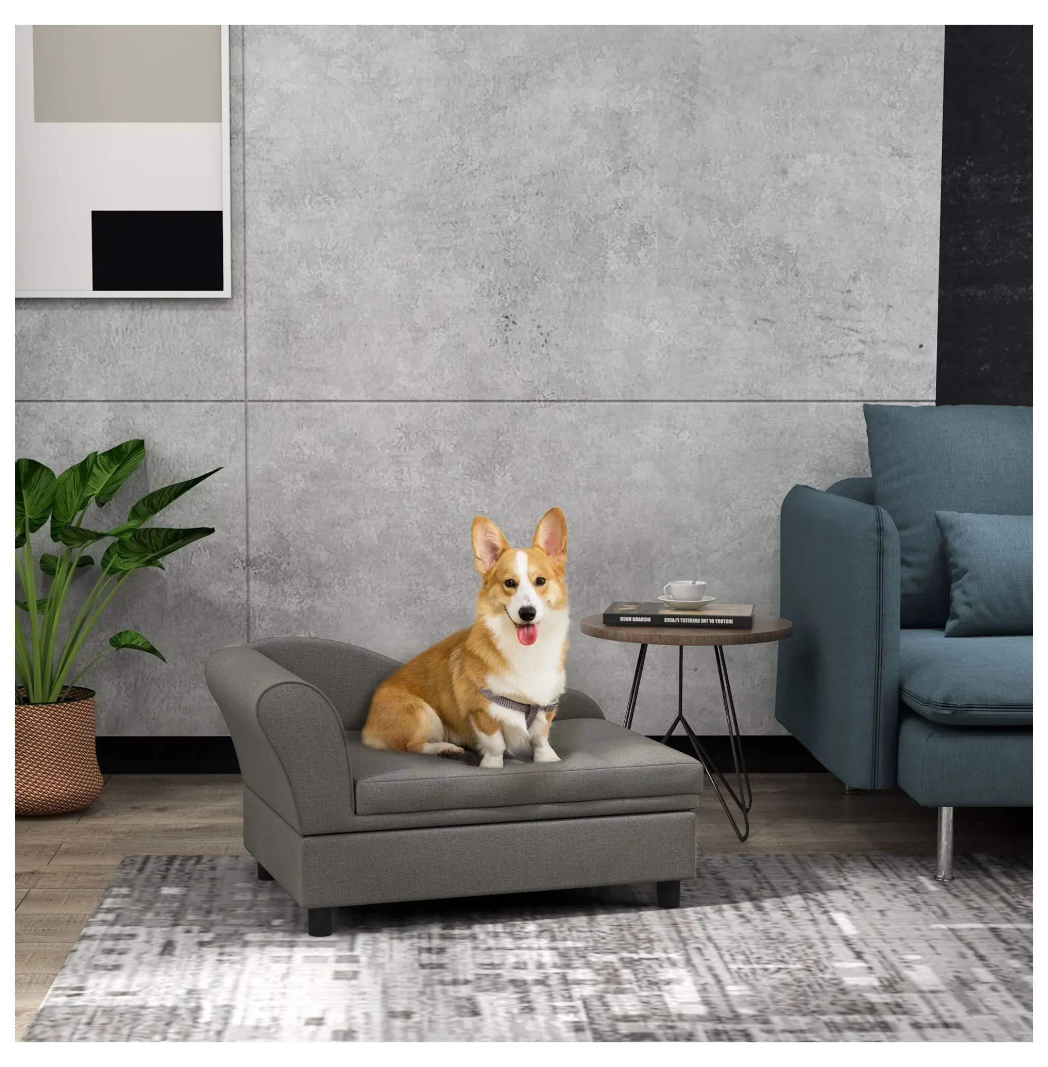 Dog Sofa for Small Dogs with Storage, Gray - Cozy Pet Couch Bed with Armrests & Backrest - Indoor Puppy Furniture - 29.9" x 17.7"