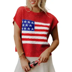 Women's Fiery Red Flag Knit Sweater Top - Short Sleeve Casual Summer Round Neck