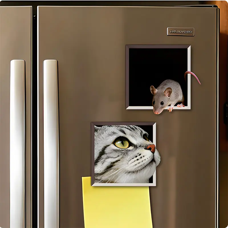 CT725 3D Effect Cat & Mouse Fridge Magnet Set, Playful Animal Kitchen Accessories, Cute Decorating Kitchen Refrigerator Sticker, Fun Home Gift for Cat Lovers, Animals