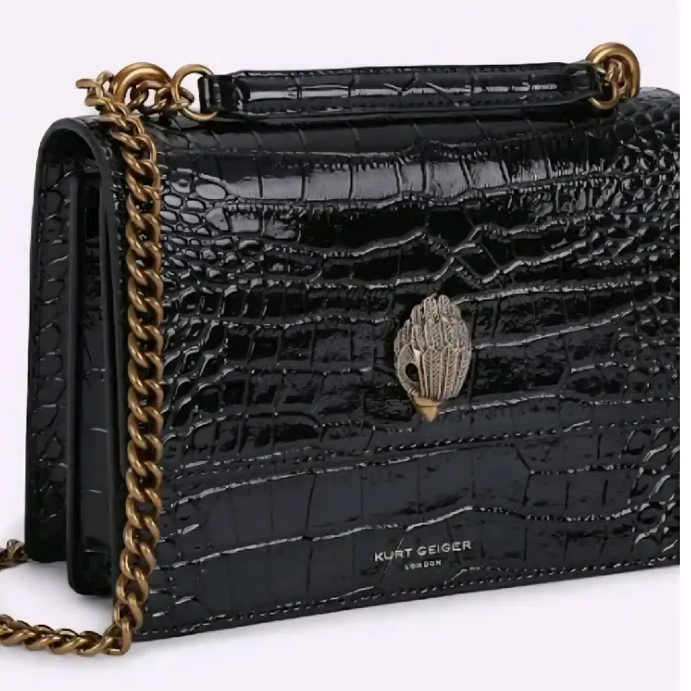 Kurt Geiger London Shoreditch Purse - Black Croc Embossed Leather with Gold Chain Strap & Unique Clasp Elegant Design for Casual & Formal Occasions
