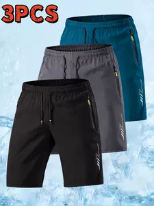 Men's 3-Piece Ice Silk Gym Shorts Set, Soft Comfortable Fabric, Lightning Print Design, Summer Fashion Trend, Casual Style, Casual Athletic Shorts, Streetwear Sports Shorts