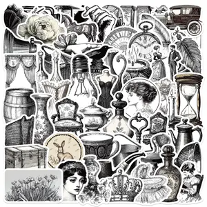 50 pieces of black and white retro aesthetic series stickers, DIY waterproof PVC decorative stickers for journals, water bottles, phone cases