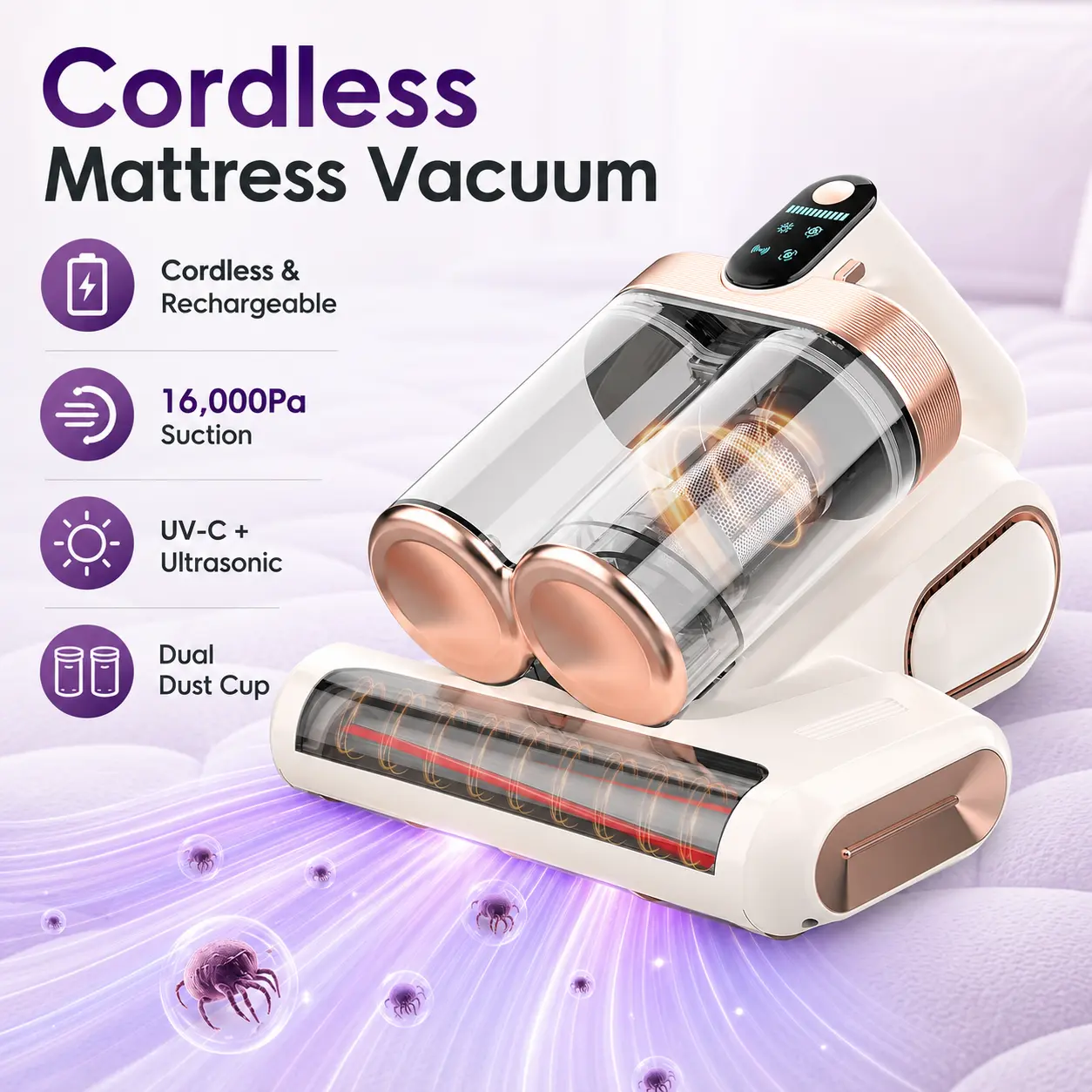 XIAOLANG Bed Mattress Vacuum Cleaner Cordless 16Kpa Handheld Vacuum, Vacuum Cleaner with 253.7nm UV-C Light,HEPA Filter & Ultrasonic, Portable Vacuums for Sofa Bed Couch Crib Gifts for Women her Man