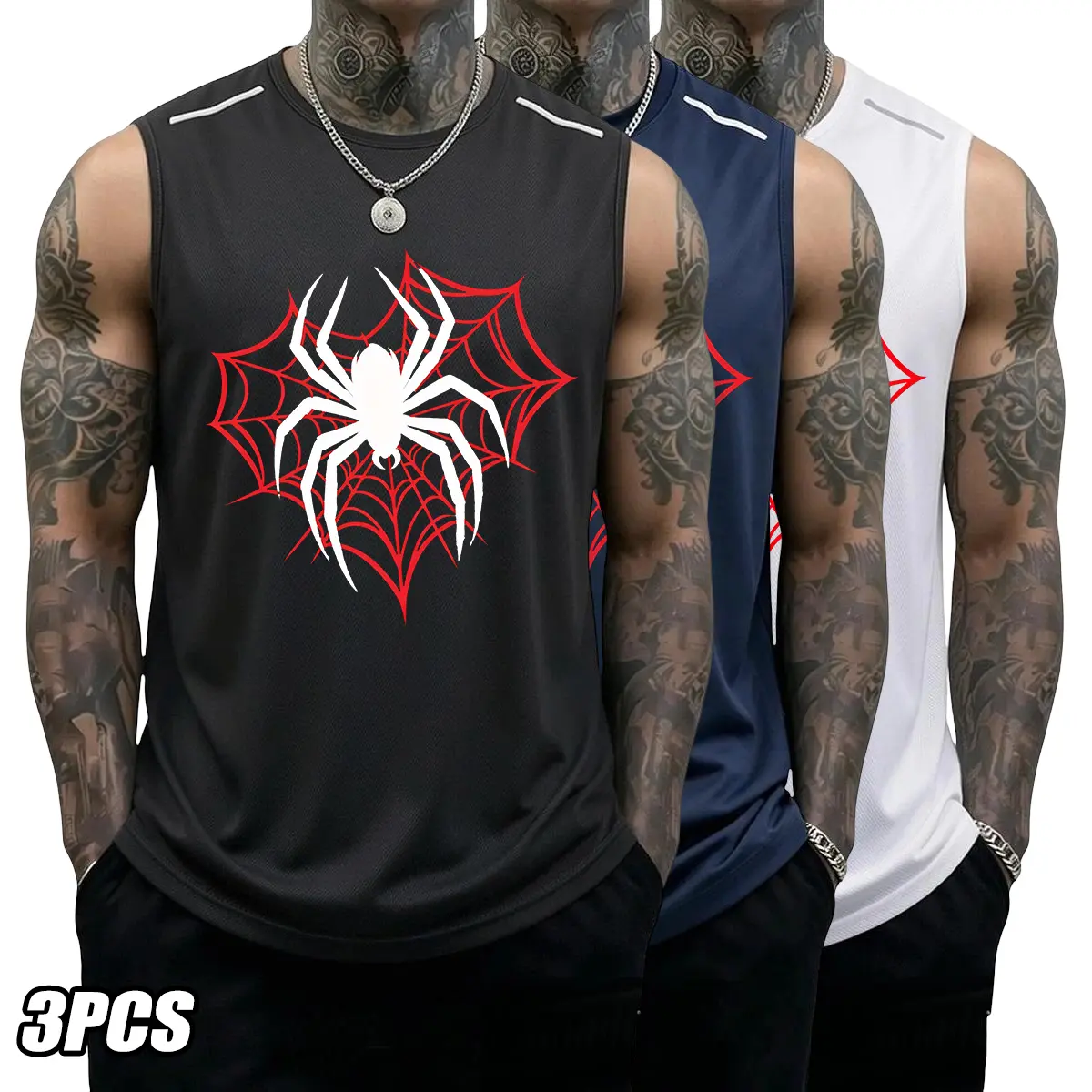 Men’s 3-Pack Spider Print Tank Tops, Breathable Fabric, Quick-Drying, Moisture-Wicking, Loose-Fit Sports Vests for Outdoor Hiking, Gym Workouts, Home Relaxation