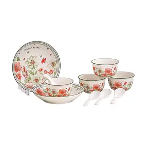 Golden Lion 10-Piece Ceramic Dinnerware Set - 4 Bowls, 4 Spoons, 2 Plates, 4.5-Inch Bowls, 8-Inch Plates, 13.5CM Soup Spoon - Gift Boxed Floral Design