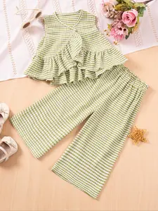 Toddler Girl's Striped Print Ruffle Trim Tee & Wide Leg Pants Two-Piece Set, Casual Short Sleeve T-Shirt & Trousers for Summer, Kids Clothes for Daily Wear, Casual Outfit Set, Baby Clothes Girl