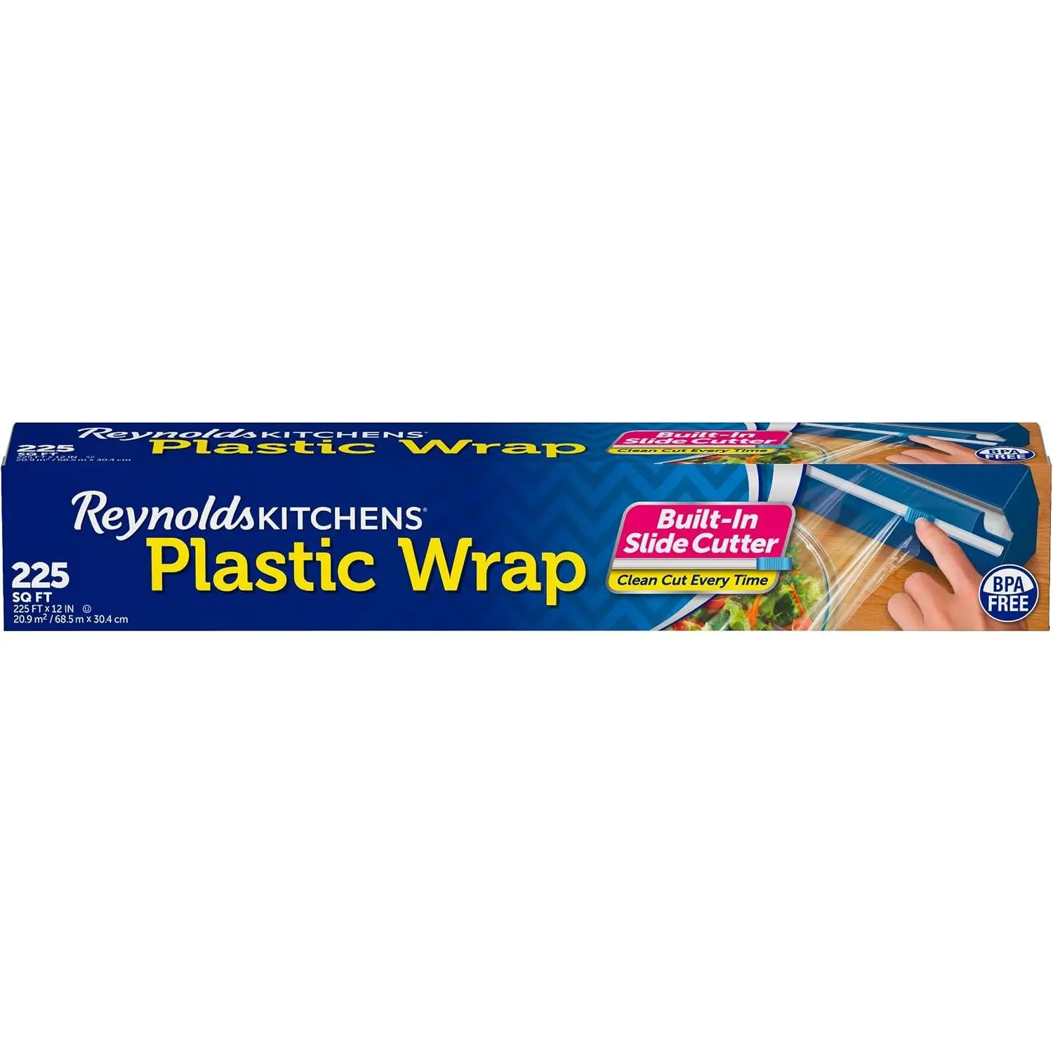 Kitchens Clear Plastic Wrap, Built-In Slide Cutter, 225sq ft | Plastic Cling Wrap for Food Storage, Seals in Freshness, Clean Cut Every Time, Ideal For Leftovers, BPA-Free, 12 in x 225 ft