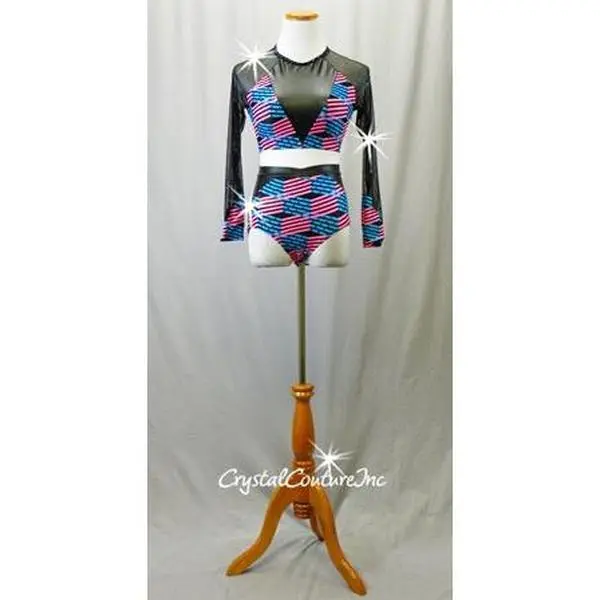 Teal Blue and Pink  Top/Trunks with Sheer Mesh & Pleather Rhinestones