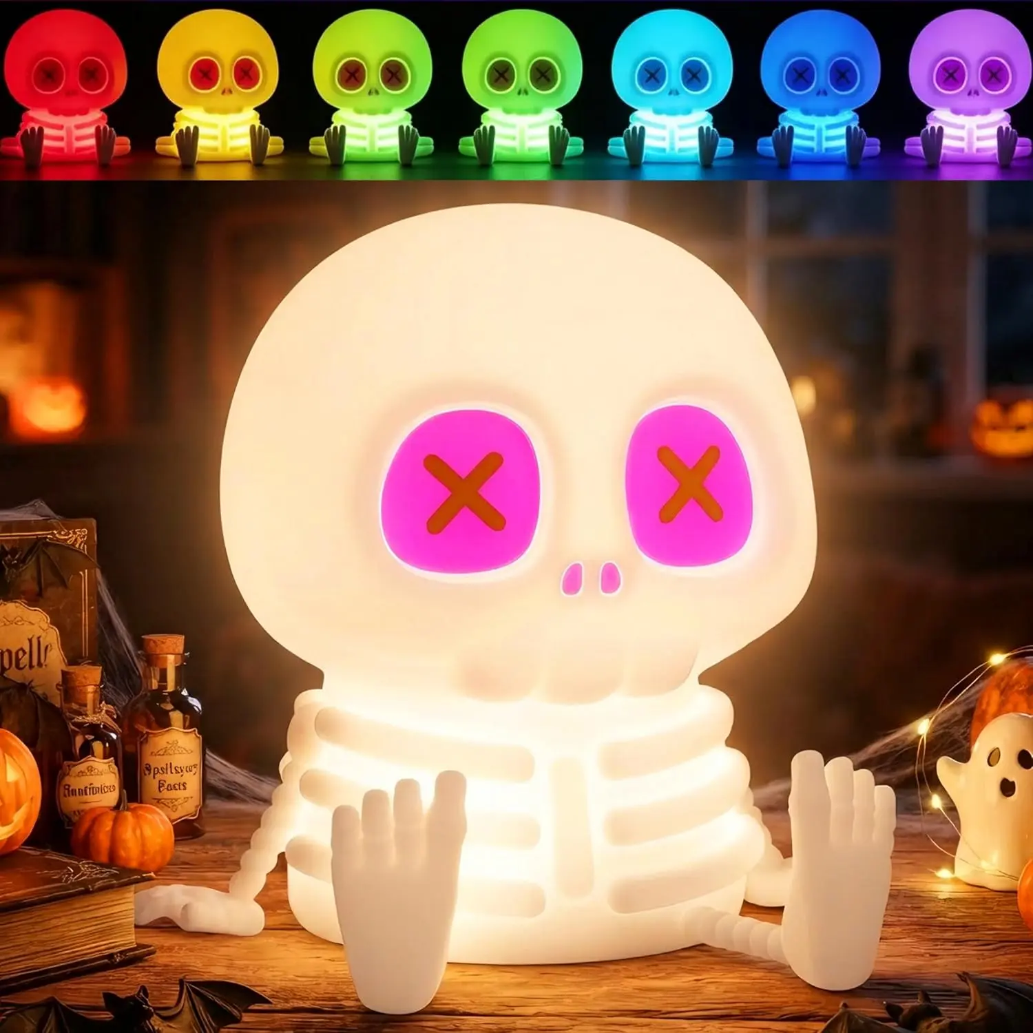 Halloween Skull Night Light, Silicone Skeleton Lamp with & Adjustable Warm Light, Touch Control LED Bedside Lamp, Halloween Room Decor, Summerween Party Decoration, Birthday & Christmas Gift