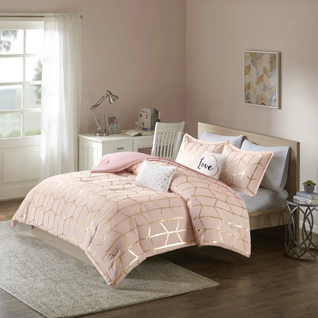 Metallic Print Comforter Set, Full/Queen, Soft Microfiber with Down Alternative Fill, Lightweight 3-Piece Bedding, Machine Washable