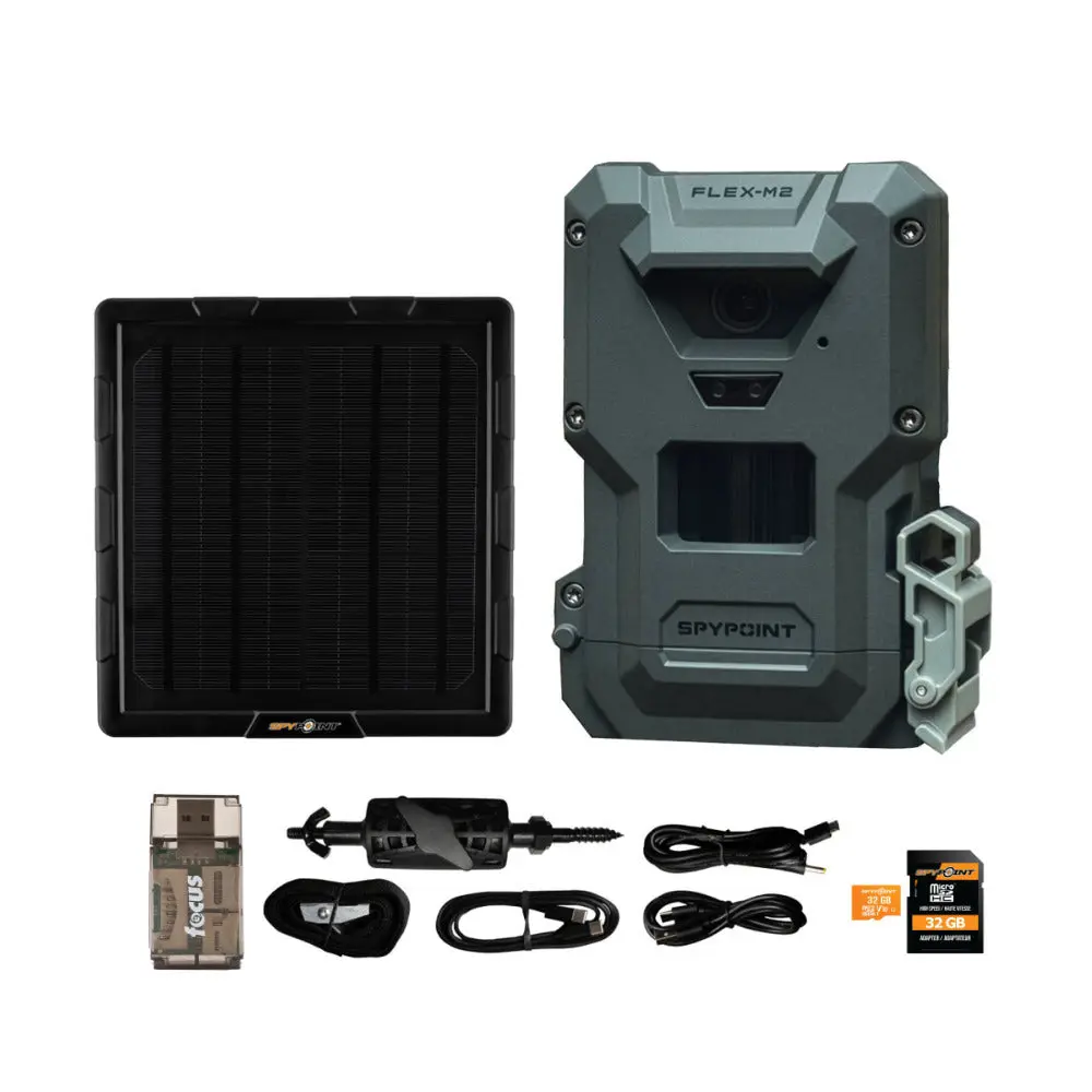 Spypoint FLEX-M2 32MP Trail Camera with Solar Panel, Memory Card and Card Reader Bundle, Solar Powered, Aa Batteries, 1080P, 32Mp Photos, 5W Splb-10 Compact Solar Panel, 90Ft