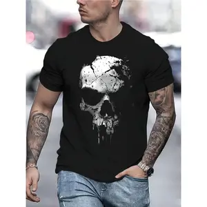 Vintage Gothic 3D Skull Print T-Shirt for Men, Black & White Distressed Graphic Tee, Casual Round Neck, Breathable Elastic Cotton, Regular Fit, Machine Washable, Gothic Streetwear for Gym, Outdoor & Casual Attire