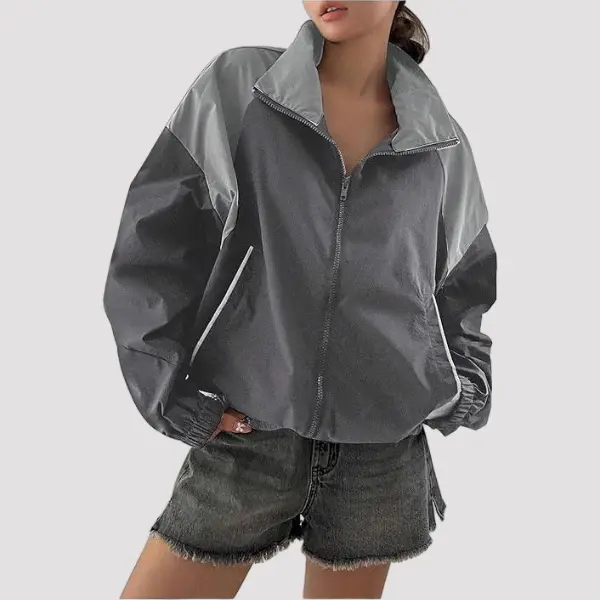 YEXPINE Y2k Jacket for Women Zip Up Waterproof Windbreaker Loose Drop Oversized Varsity Lightweight Jacket with Full Zip Stand Collar & 2 Pockets Womenswear Coats