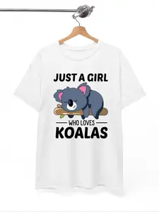 Women's Cartoon Koala & Letter Print Short Sleeve Tee, Casual Round Neck T-shirt for Summer, Fashion Women's Top for Daily Wear