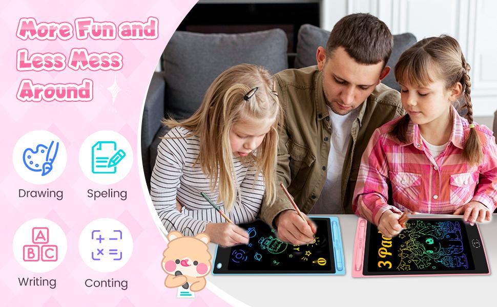 3-Pack 8.5in Plastic Colorful LCD Writing Tablets with Stylus Holder, Silent Durable Pressure-Sensitive Reusable Erasable STEAM Educational Art Toys for Unisex Kids, Mess-Free Magic Travel Gifts, Writing Practice Devices, Writing Practice Tablet