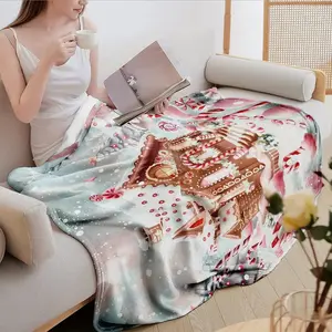 Christmas Gingerbread House Flannel Blanket, Warm and Comfortable, 280gsm Polyester, Ideal for Naps, Camping, Travel, Car, Office